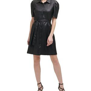Woman's DKNY Black Faux Leather Puff Sleeve Shirt Dress - Size -14  worn once!
